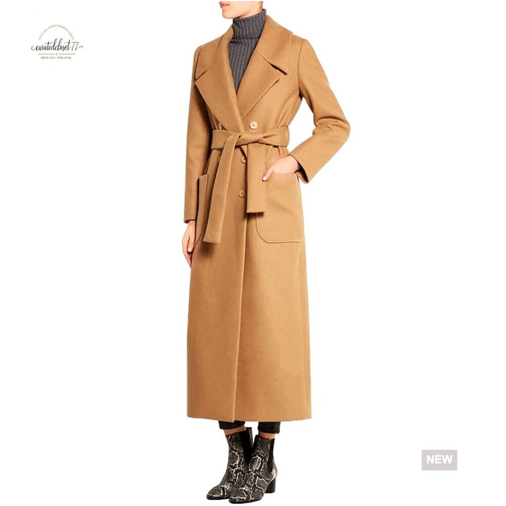 Wool Blend Overcoat Classic Notch Lapel Double Breasted Belted Elegant Coat